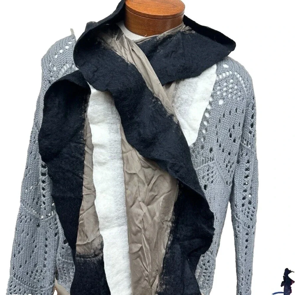 Christa Louise Scarf Handmade Wool Silk Rectangle Black Tan White‎ Artsy Boho